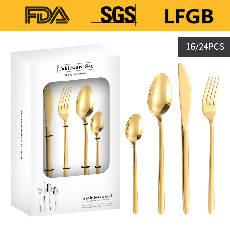 Productos transfronterizos de acero inoxidable cuchillo y tenedor cuchara set 16 / 24 piezas set redondeada engrosado cuchillo y tenedor cuchara set de filete