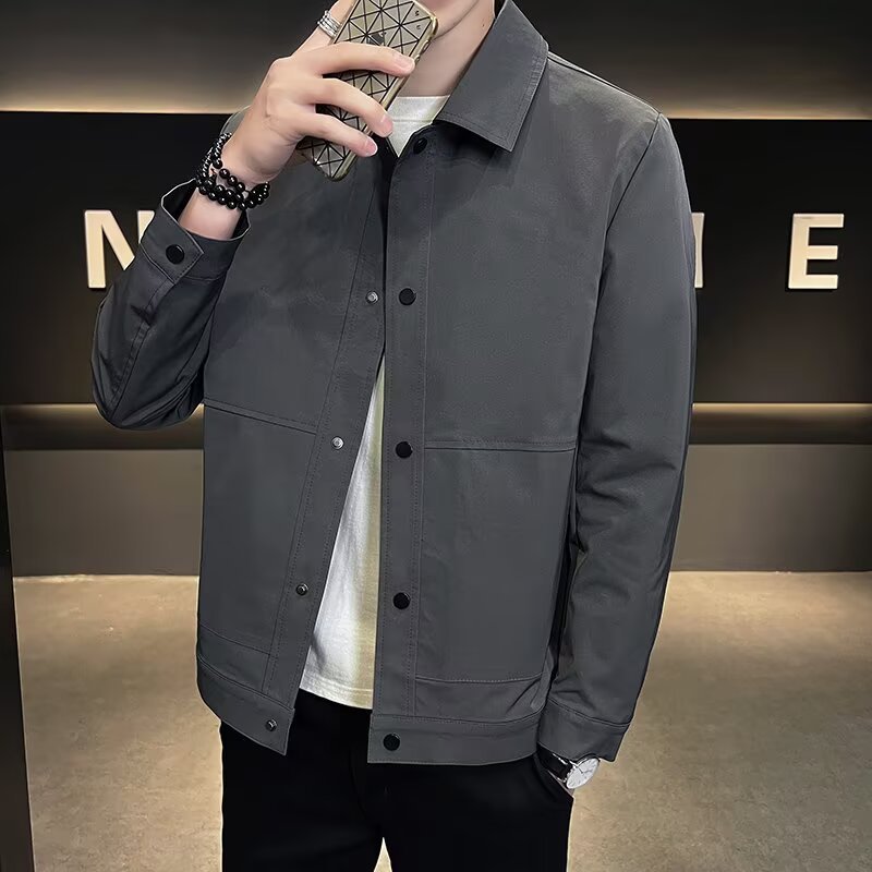 春秋季男士夹克韩版修身时尚翻领商务百搭男装纯色休闲夹克上衣|undefined