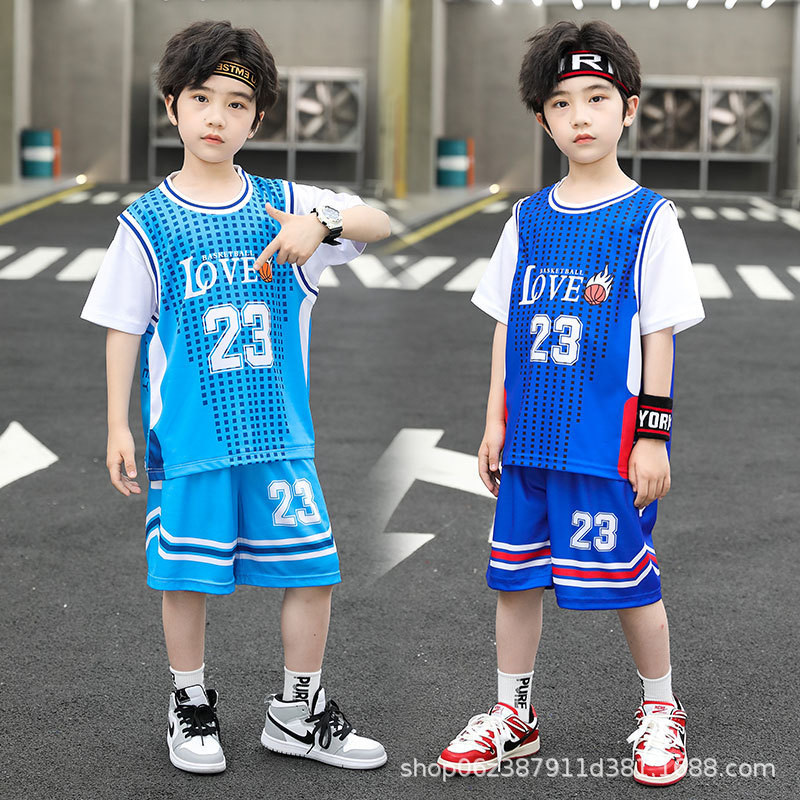 Summer Children's Basketball Suit Boys' and Girls' Fake Two-piece Short-sleeved Kindergarten Baby Performance Suit Quick-drying Jersey