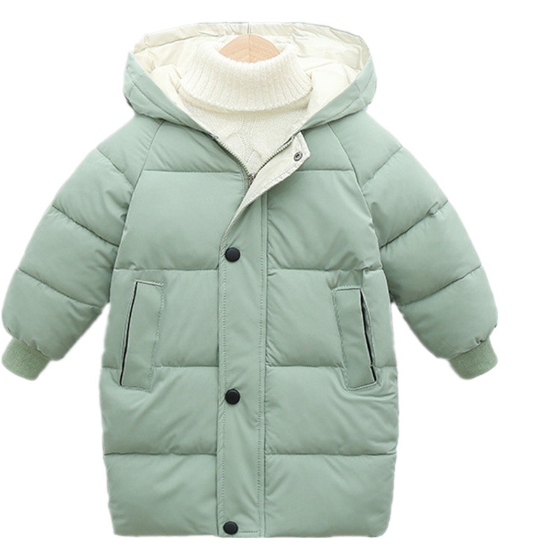 Ropa infantil nueva de 2025, chaqueta de algodón con relleno de plumón para niños medianos y grandes, estilo coreano, color caramelo, abrigo acolchado grueso de longitud media para niños y niñas