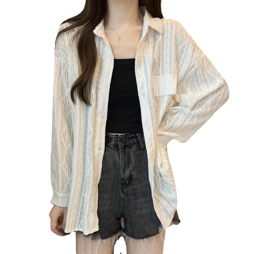 Women's Spring and Autumn New Casual Crochet Lattice Blouse with Design Sense, Elegant Women's Slimming White Shirt Top Trendy