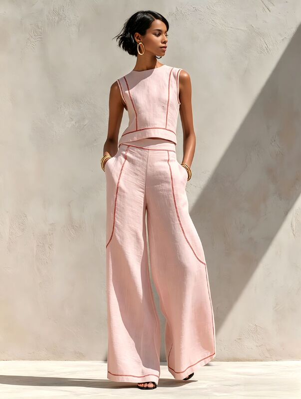 2026 New European and American Style Sleeveless Color-Blocking Wide-Leg Pants Set for Women, Summer Casual Fashion Two-Piece Set, Trendy Cross-Border Style