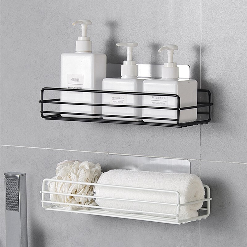 錬鉄製のバスルームトイレ収納ラック壁掛けシャワージェル収納ラック黒と白のパンチフリートイレタリーラック|undefined