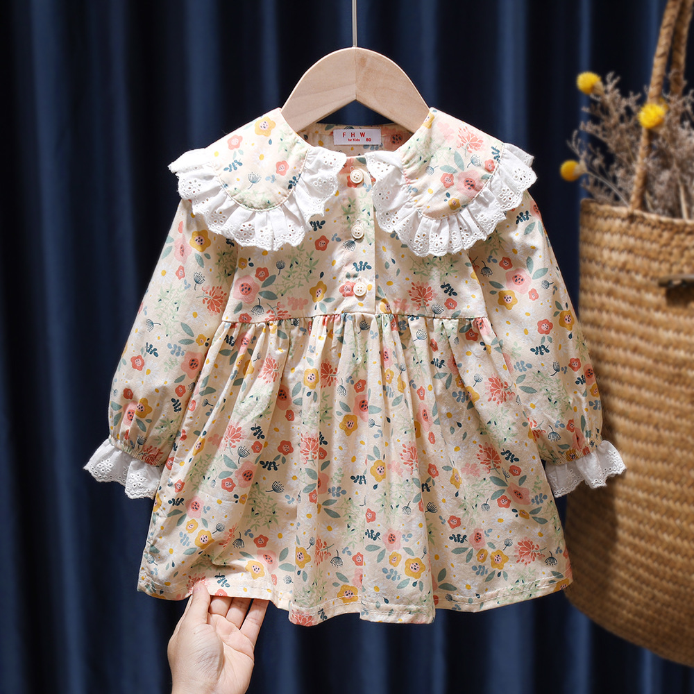188g Weight Long Sleeve Sleeve Length Fashion Flower Printing Cotton Girls Dresses