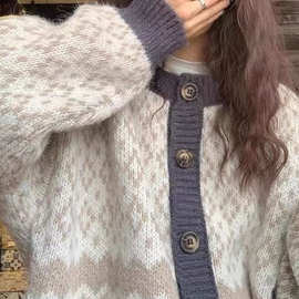 韩系复古撞色门襟毛衣女开衫秋冬季新款设计感小众洋气针织衫上衣