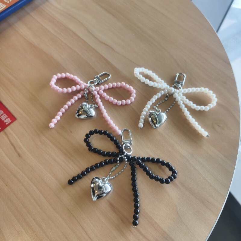 Cr25 Korean Style Ins New Sweet Girl Pearl Bow Silver Heart Pendant Keychain Phone Chain Earphone Accessory