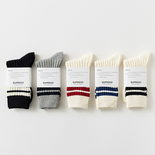SUPRSOX spring and summer new striped double-needle socks, retro European and American simple mid-calf socks, Korean Hong Kong style men's socks