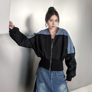 Retro Hong Kong style contrast color stitching Denim short coat for women Spring and Autumn New loose slimming casual zipper cardigan jacket