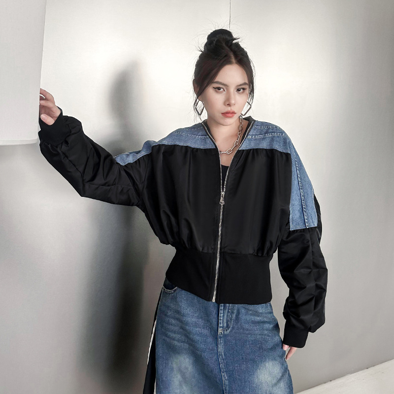 Retro Hong Kong style color-blocked denim short jacket, new spring and autumn style, loose fit, slimming, casual zip-up cardigan jacket for women.