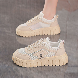 Summer Women's Shoes New Breathable Hollow Mesh Shoes Women's Korean Version Versatile Thick-Soled White Shoes Sports Casual Sneakers Trendy Shoes