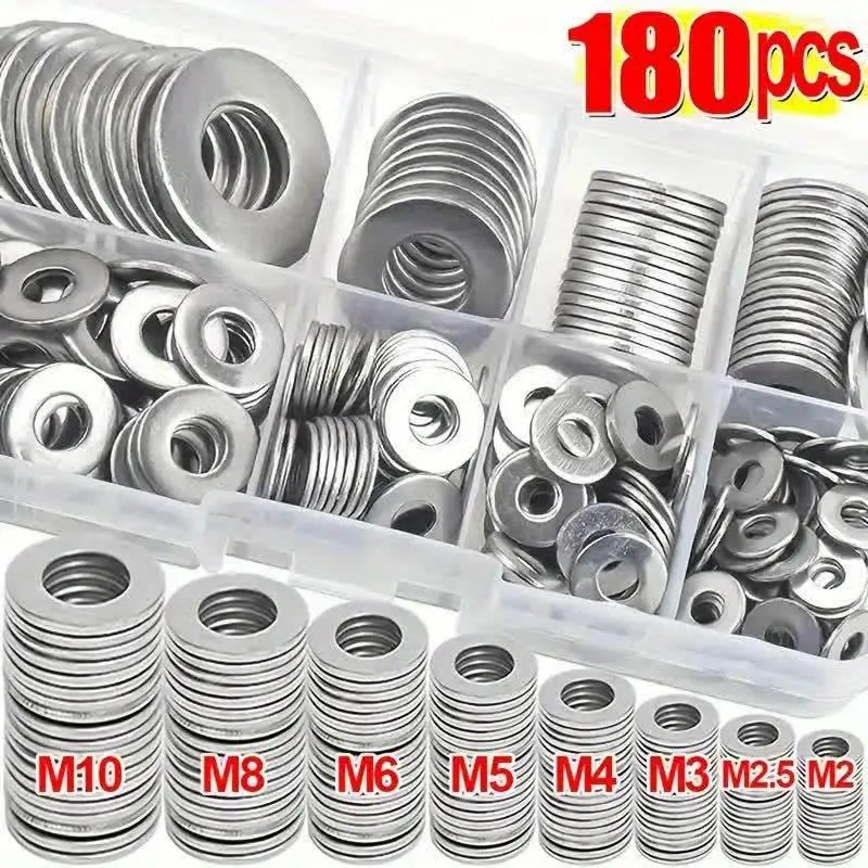 180 件304不锈钢垫圈套装,抛光表面,M2-M10 尺寸,耐用材料