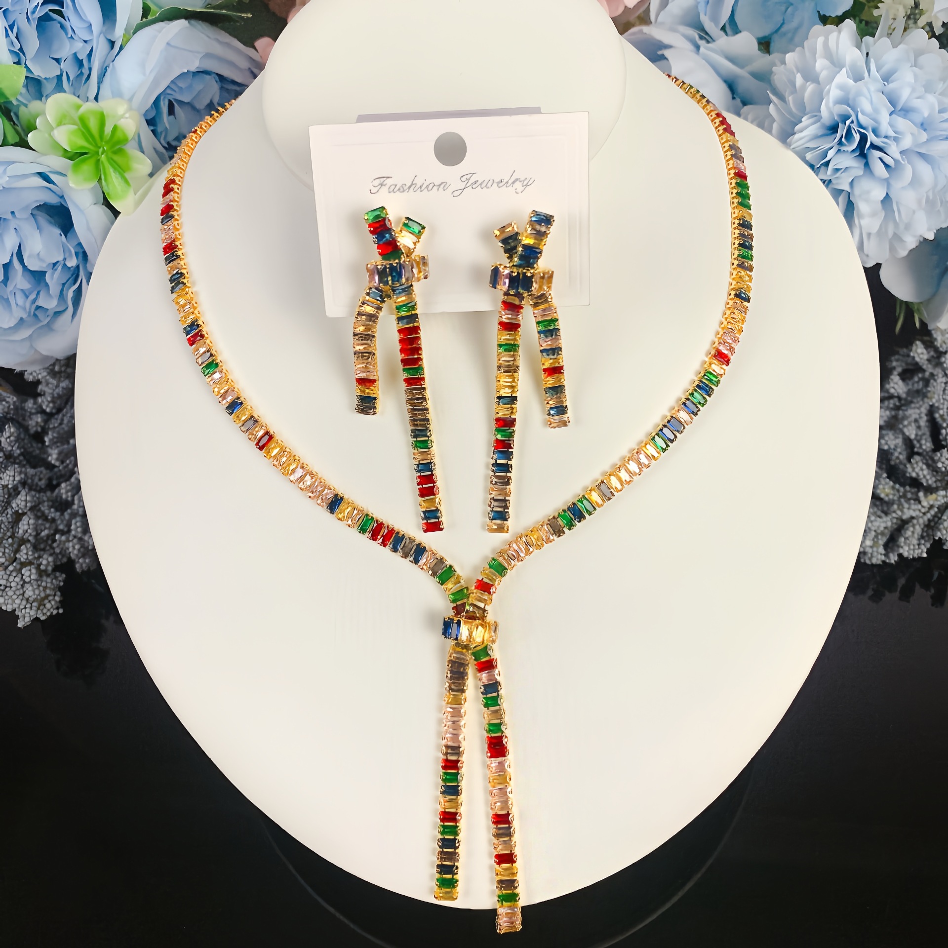 Collar de color de la industria pesada amazona orejas joyas set de moda de lujo vestido de novia cena joyas de zircon mujer image 34