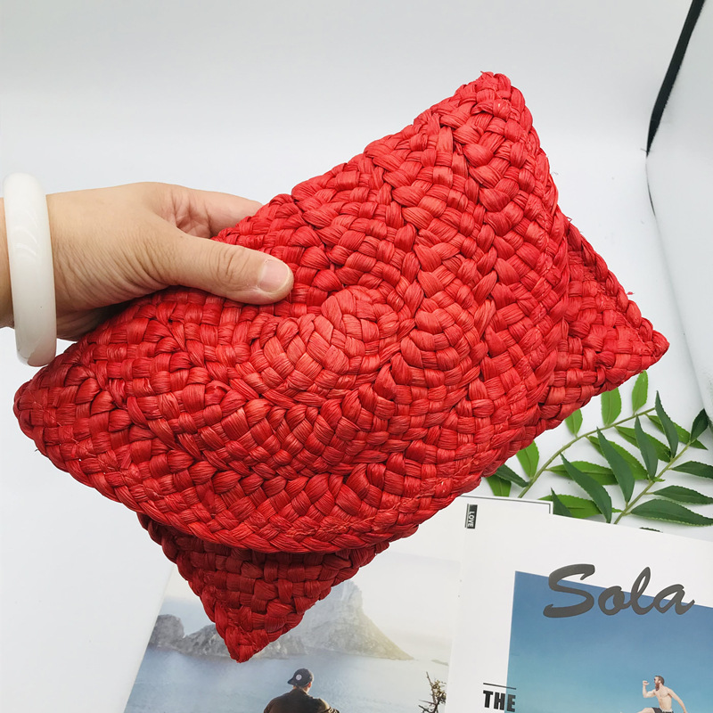Yellow Red Green Straw Solid Color Weave Square Evening Bags display picture 6