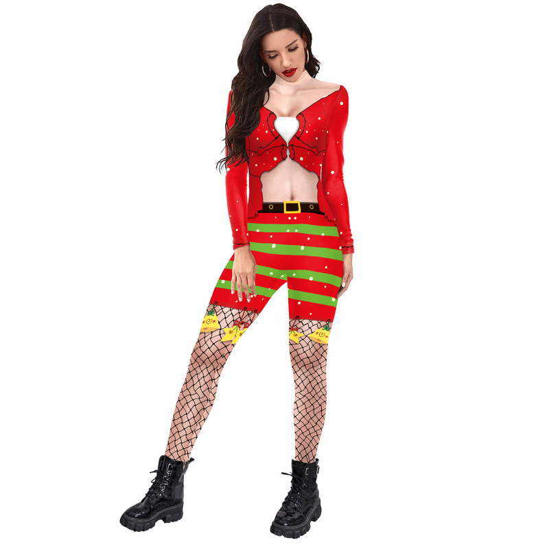 Fall 2022 Europe and the United States new sexy lady stripe printed  Christmas carnival performance jumpsuits suit