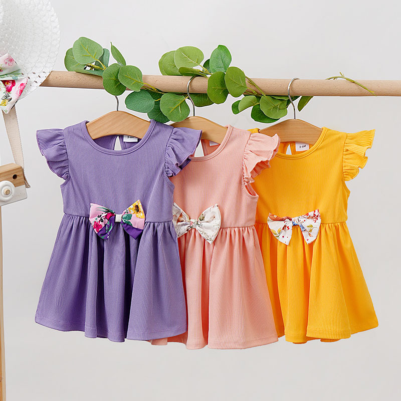 Baby Girl Korean Style Dress Summer Ins Style Girl Floral Skirt Fashionable Bow Skirt Small Flying Sleeves