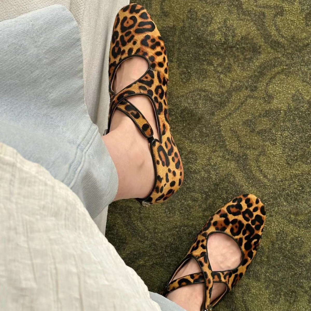 Sheepskin Version ~ Leopard Print Invisible Inner Heightening 4cm Cross Strap Horse Hair Mary Jane Flats Women's Flats Evening Style Women's Shoes