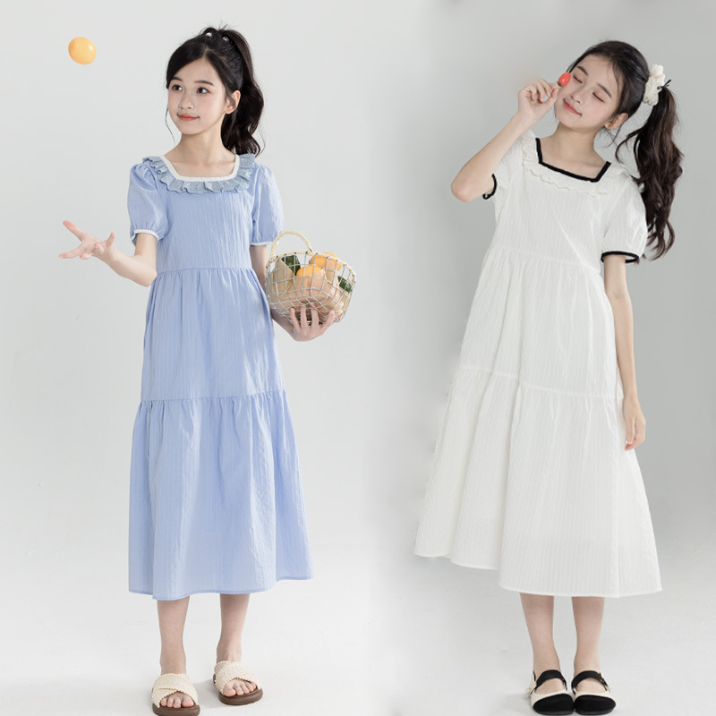 Girls' dress 2025 Summer Middle School Princess Dress Fashion Western Style Wood-ear Short-sleeved Long Dress Middle School Student Skirt
