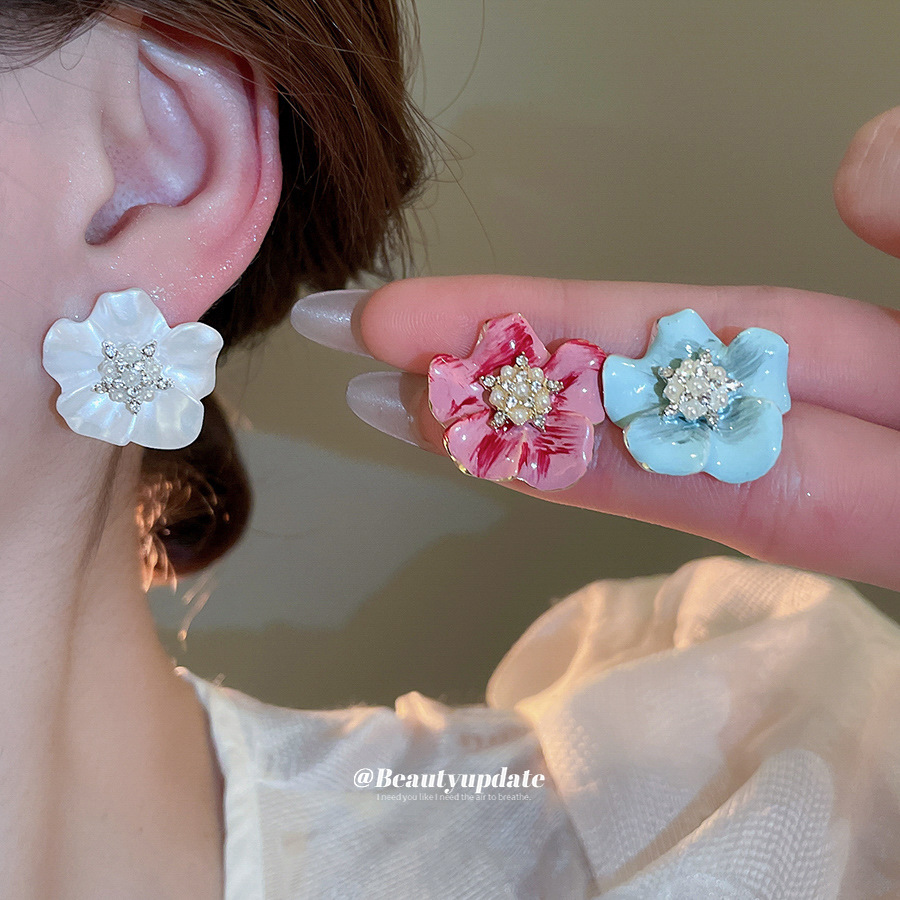 Pendientes de perlas de flores de diamantes con aguja de plata Pendientes de temperamento fresco y dulce estilo ins coreano Pendientes de lujo ligero de alta calidad