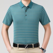 中老年高端桑蚕丝混纺夏季薄款短袖polo衫男轻商务休闲中年t恤衫