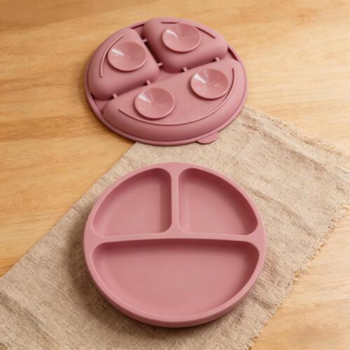 Amazon's popular children's suction cups round silicone dinner plate infant feeding anti-lost fixed three-grid smiling face plate