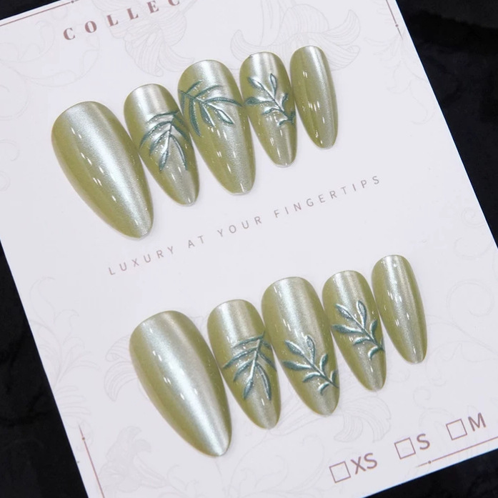 European and American style handmade false nails in matcha green with hand-painted bamboo leaves, versatile and detachable wearable manicure European and American style handmade false nails in matcha green with hand-painted bamboo leaves, versatile and detachable wearable manicure
