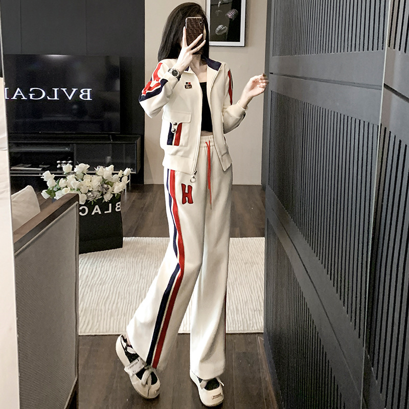 Autumn New Casual Sports Suit Women's 2023 Fashion Western-style Slim-fit Slimming Age-reducing Wide Leg Pants Two-piece Set Autumn New Casual Sports Suit Women's 2023 Fashion Western-style Slim-fit Slimming Age-reducing Wide Leg Pants Two-piece Set