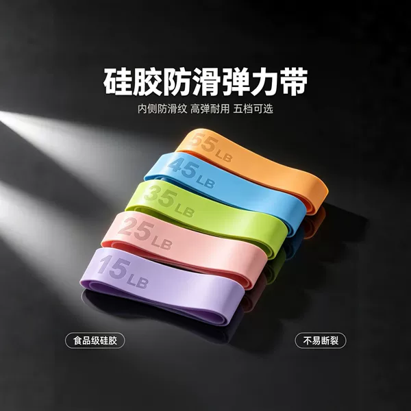 Silicone non-slip elastic band, five-level fitness resistance band, yoga stretching resistance band, body shaping, butt-lifting, squat training band