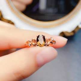 新款天然茶水晶戒指S925银镶嵌主石5*7mm百搭网红爆款女饰批发