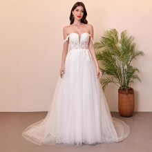 2025新款拖尾小个字新娘一字肩简约婚纱亚马逊独立站小拖尾轻婚纱