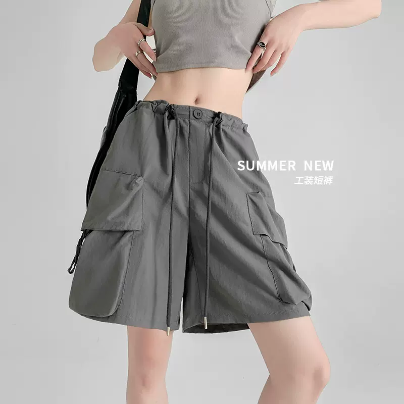 锦纶工装短裤女夏季薄款休闲阔腿速干运动裤设计感美式五分裤子