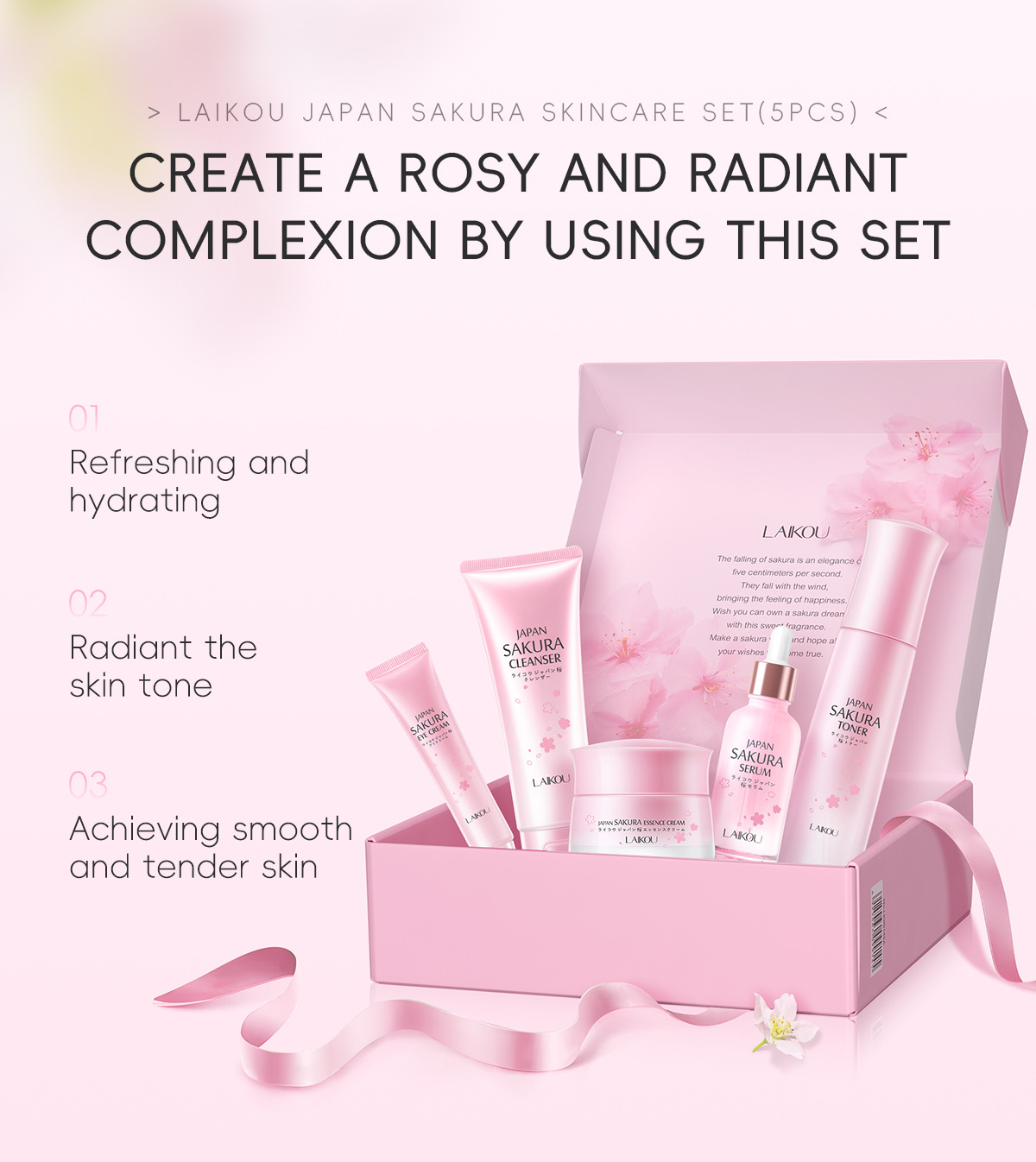 Cross-border LAIKOU Sakura Skincare Gift Box Moisturizing and Hydrating 5-piece Set with glass panel Part in stock undefined