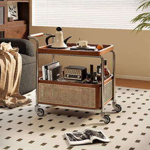 Movable Side Table Trolley Living Room Sofa Coffee Table Side Cabinet Antique Style Solid Wood Bedside Storage Rack Dining Cart