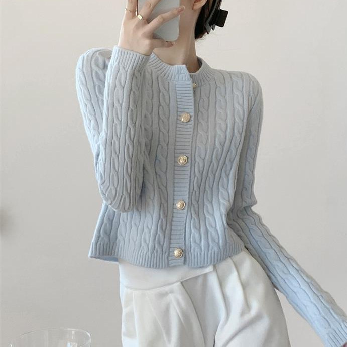 Milk Blue Short Retro Twist Round Neck Knitted Cardigan for Women Autum Soft Waxy Pure Color Lazy Style Sweater Jacket