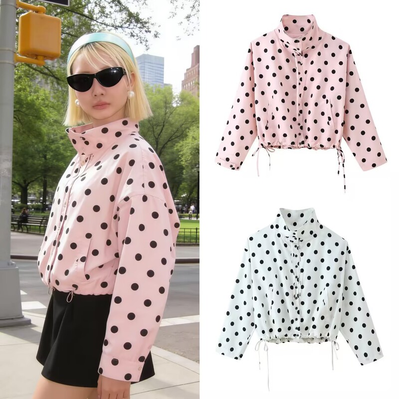 Aliexpress Hot-Selling 2026 New Model in Stock European and American Fashion Casual Stand-Collar Drawstring Polka Dot Jacket Aliexpress Hot-Selling 2026 New Model in Stock European and American Fashion Casual Stand-Collar Drawstring Polka Dot Jacket