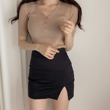 短裙女夏季开叉包裙百搭显瘦高腰一步裙弹力半身裙女8191开叉黑裙