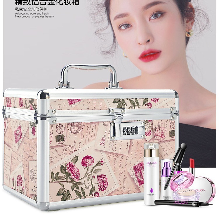 Estuche de cosméticos de aleación de aluminio, juego portátil de una sola pieza de gran capacidad de doble capa con caja de almacenamiento de espejo, bloqueo de contraseña, bolsa de cosméticos