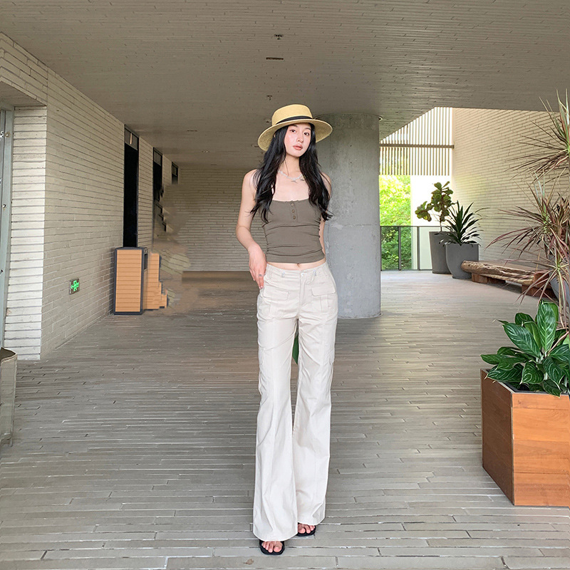 Orange Silk Women's Clothing # American Retro Sand-Colored Low-Rise Cargo Casual Pants Summer Multi-Pocket Slimming Floor-Length Straight Pants