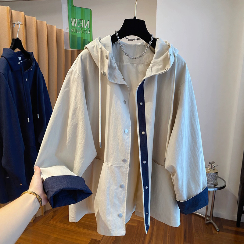 New autumn color-blocked hooded mid-length trench coat for women, plus size, loose fit, slimming, casual, versatile, stylish and trendy New autumn color-blocked hooded mid-length trench coat for women, plus size, loose fit, slimming, casual, versatile, stylish and trendy