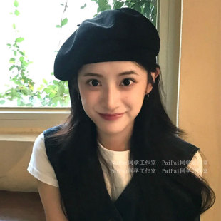 Guili expensive ~ beret women's 2024 new autumn and winter black painter knitted big head hat shows small face