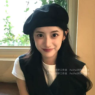 贵里贵气的贝雷帽女2025新款春秋黑色画家帽针织大头围帽子显脸小