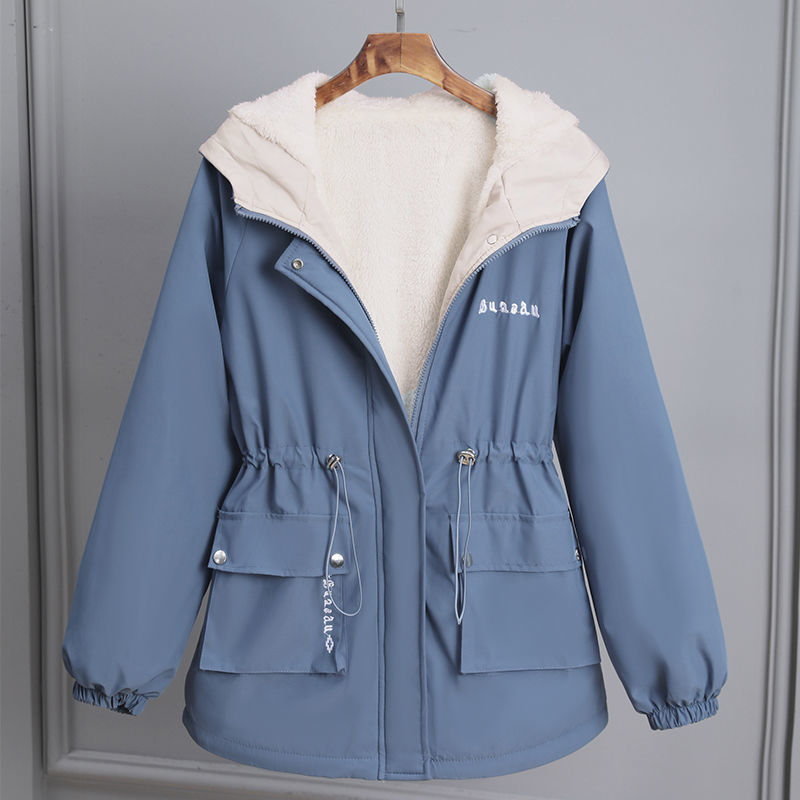 加绒外套女秋冬新款休闲中长款风衣夹克加厚保暖连帽棉衣棉服