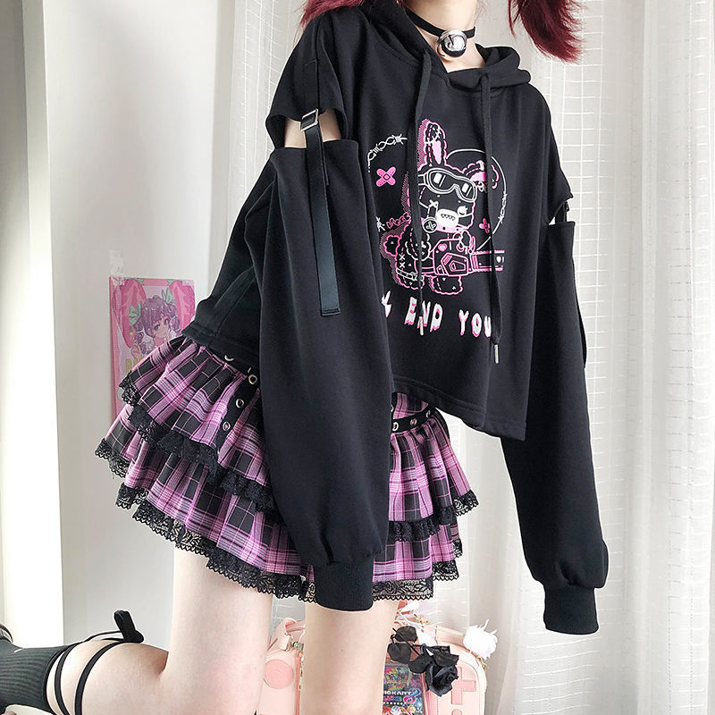 Chainsaw Man Rabbit Autumn/Winter New Style College Style Dark Hooded Short Sweatshirt with Belt and Hollow Design for Junior and High School Girls