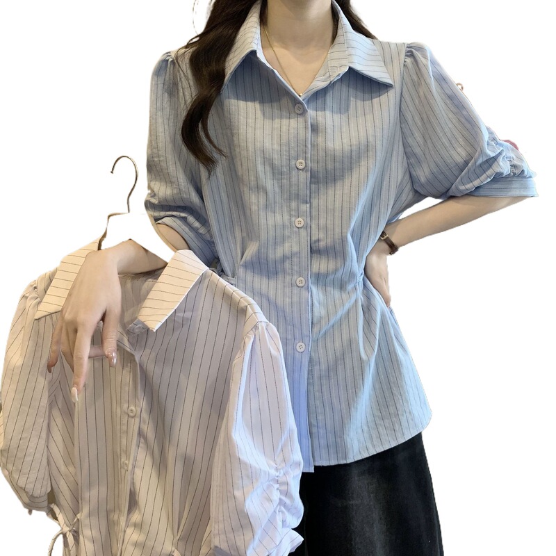 蓝色条纹女装法式短袖气质衬衫夏季大码2025收腰新款显瘦上衣白色|undefined