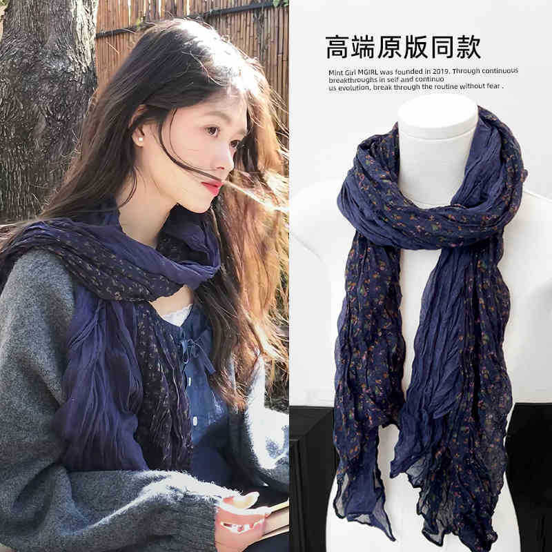 Literary flavor_cotton and linen floral pleated scarf Dali travel photo atmosphere thin shawl neck scarf