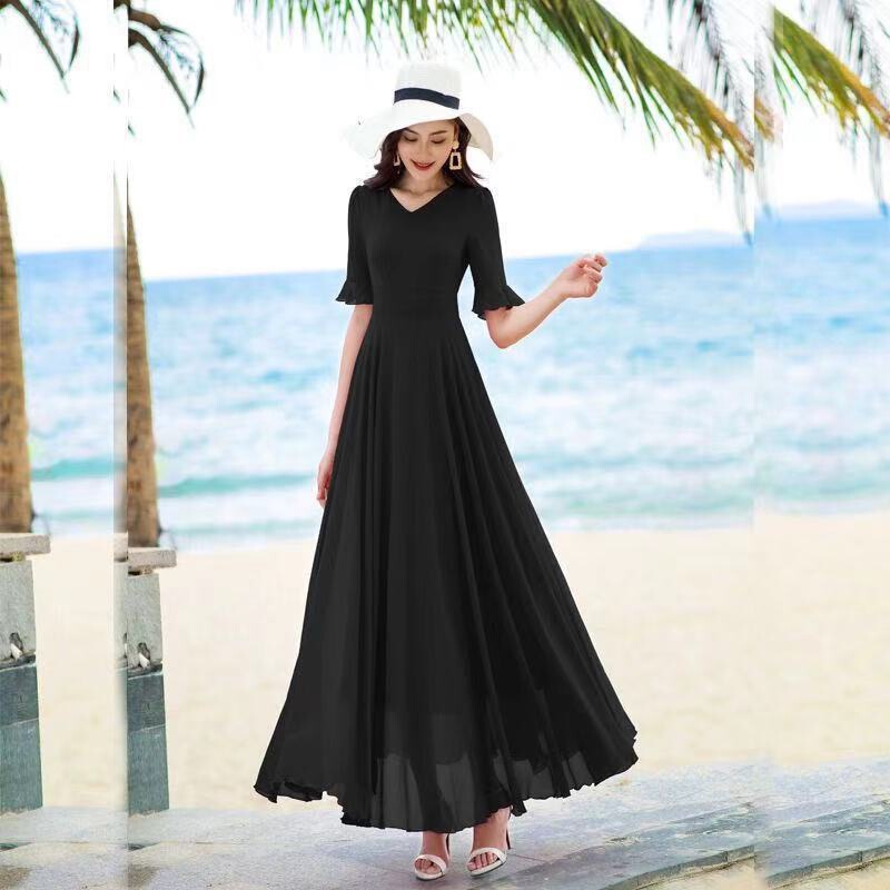 2025 New Summer Beach Long Dress Red Chiffon Dress Women's Long Long Skirt Slimming Super Long Skirt Fairy Black
