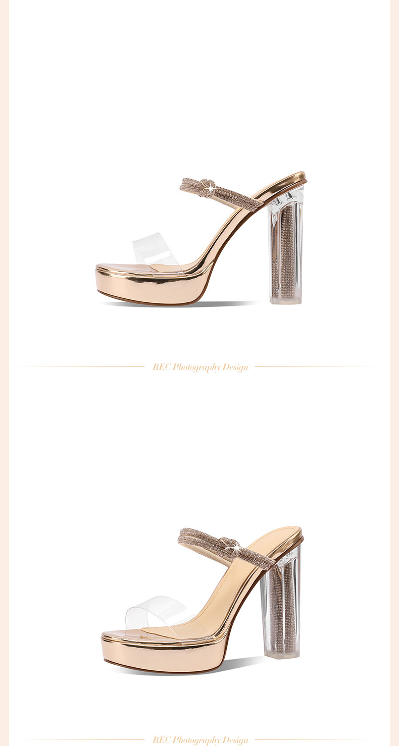 Sandal cao gót nữ gót trong suốt pha lê, quai ngang, gót 9 cm — Màu Sâm panh chi tiết 17