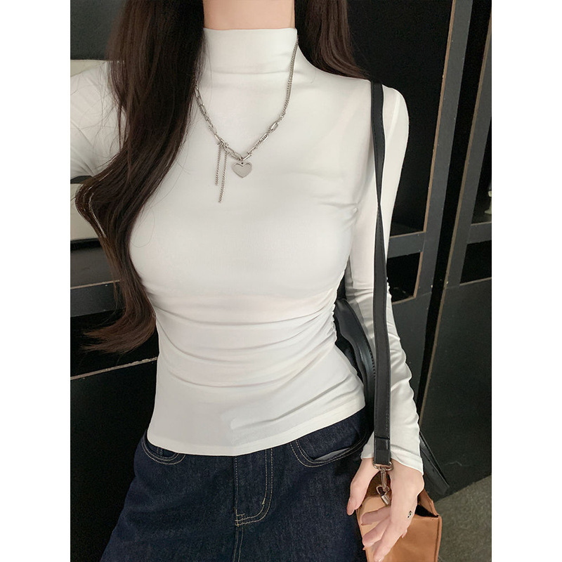 辣妹掐腰长袖T恤女2025春秋新款高领修身显瘦百搭打底衫白色上衣|undefined