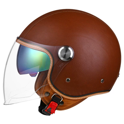 Motosiklet kaskı (dəbilqə) — certification helmet female male retro - lychee-pattern-brown-outer-length-and-inner-color-m