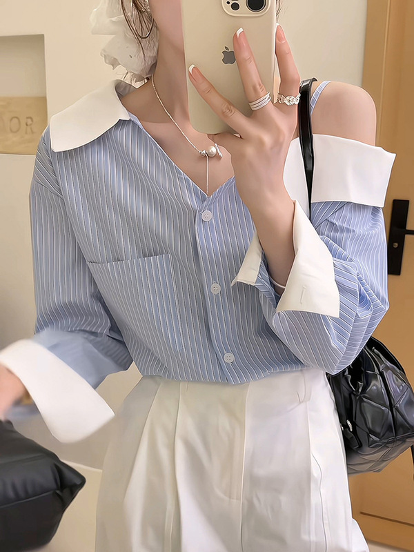 デザインニッチ不規則なワンショルダーサスペンダーストライプシャツ女性のための 2025 春と秋の新しい韓国スタイルの小さなトップ|undefined