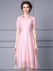 Pink dress， summer high waisted， belly covered shirt collar， A-line large hem skirt， 2024 new model